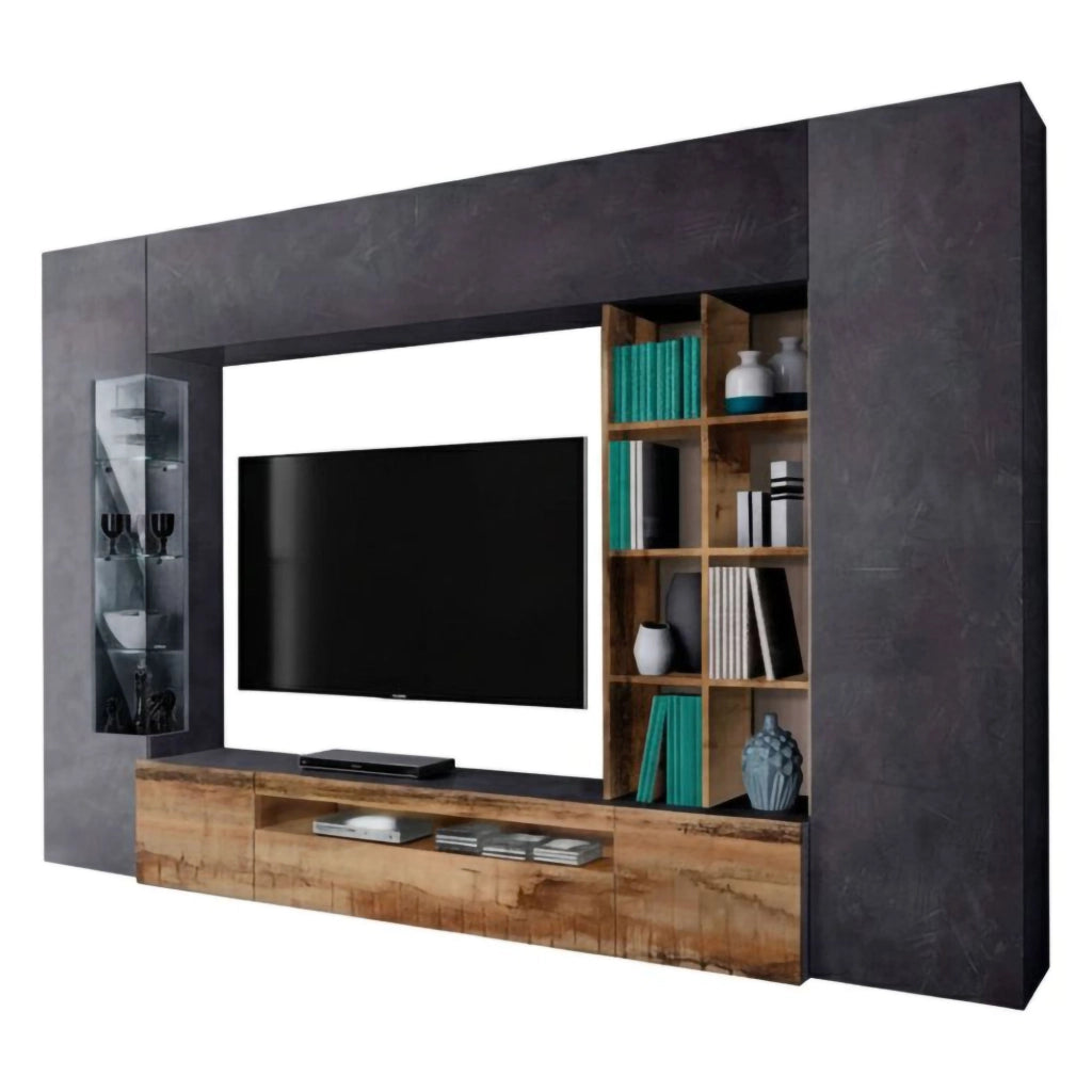 Parete attrezzata da Andy, Made in Italy, Mobile porta TV, Set salotto moderno, cm 290x40h192, Ardesia e Acero, con luce LED blu