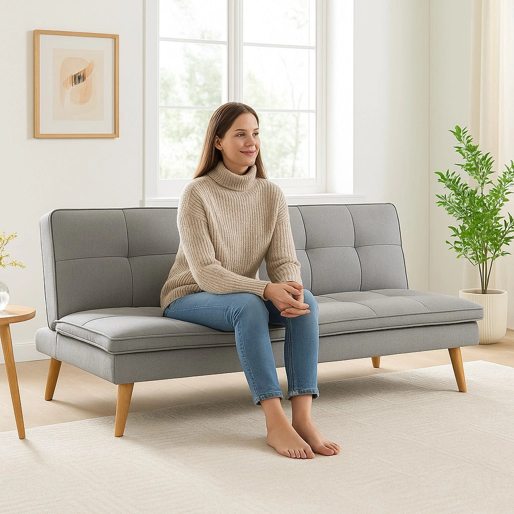 Divano Letto Reclinabile 3Posti in Tessuto Nordico con Gambe Legno Naturale Grigio