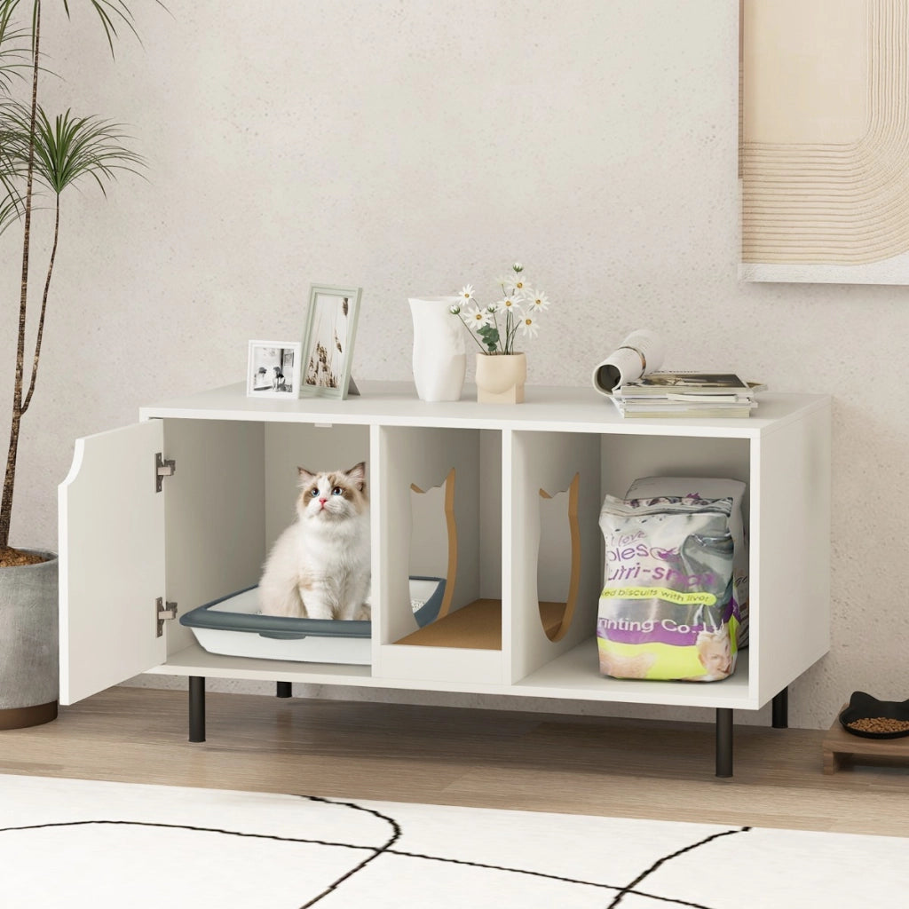 Enclosure per lettiera per 2 gatti con pannello grattugia rimovibile, Casa per gatti a due stanze in legno Bianco-Lettini e divanetti