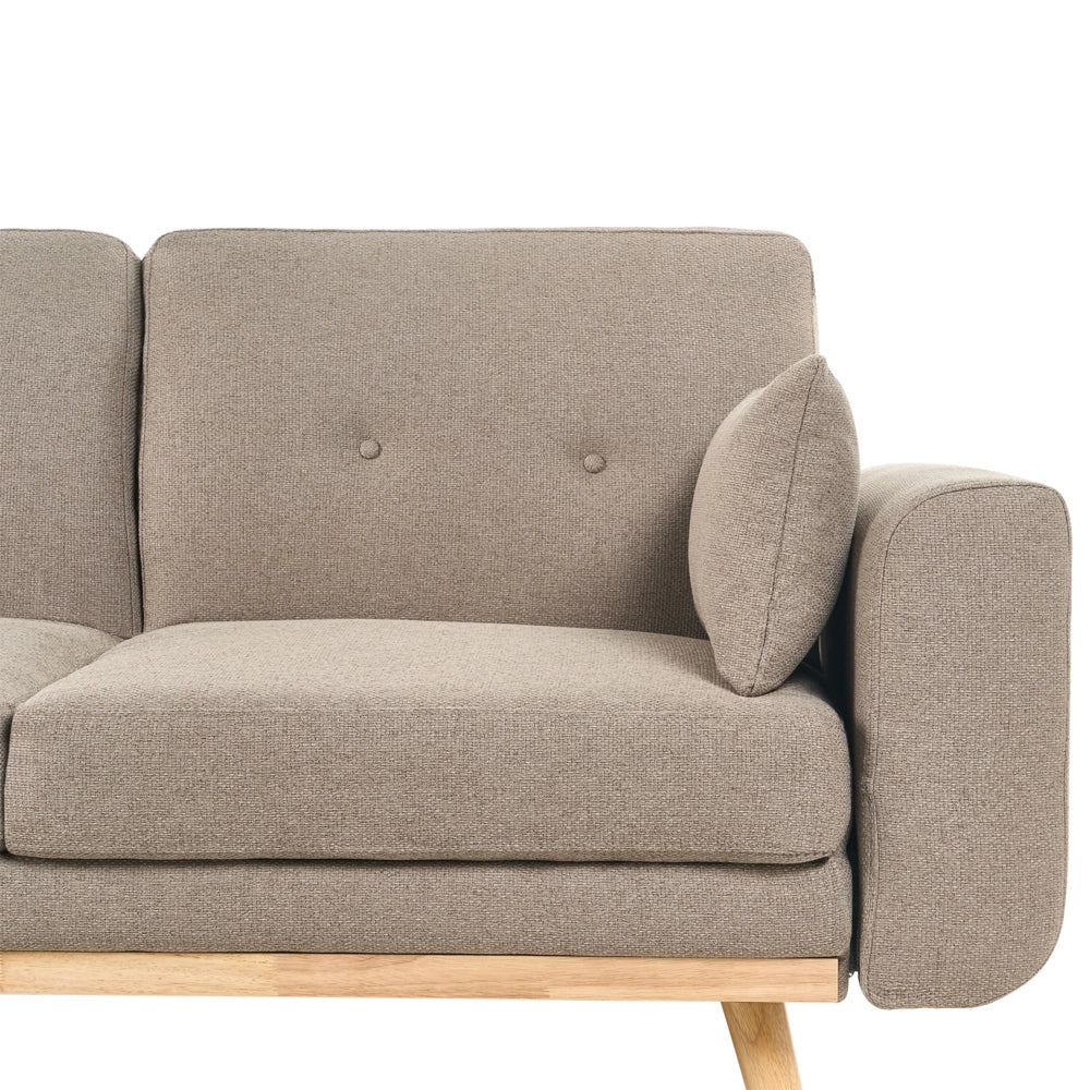 Divano Angolare ad Angolo Destro Marrone Chiaro in Tessuto Imbottito a L con Seduta Trapuntata Cuscini Decorativi e Funzione Letto