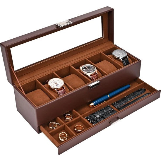 Cassa orologio con 6 compartimenti, cassa orologio con coperchio in vetro, 2 livelli, cassa orologio con cuscini orologio rimovibili, cassa orologio per gioielli, anelli, collane e bracciali.