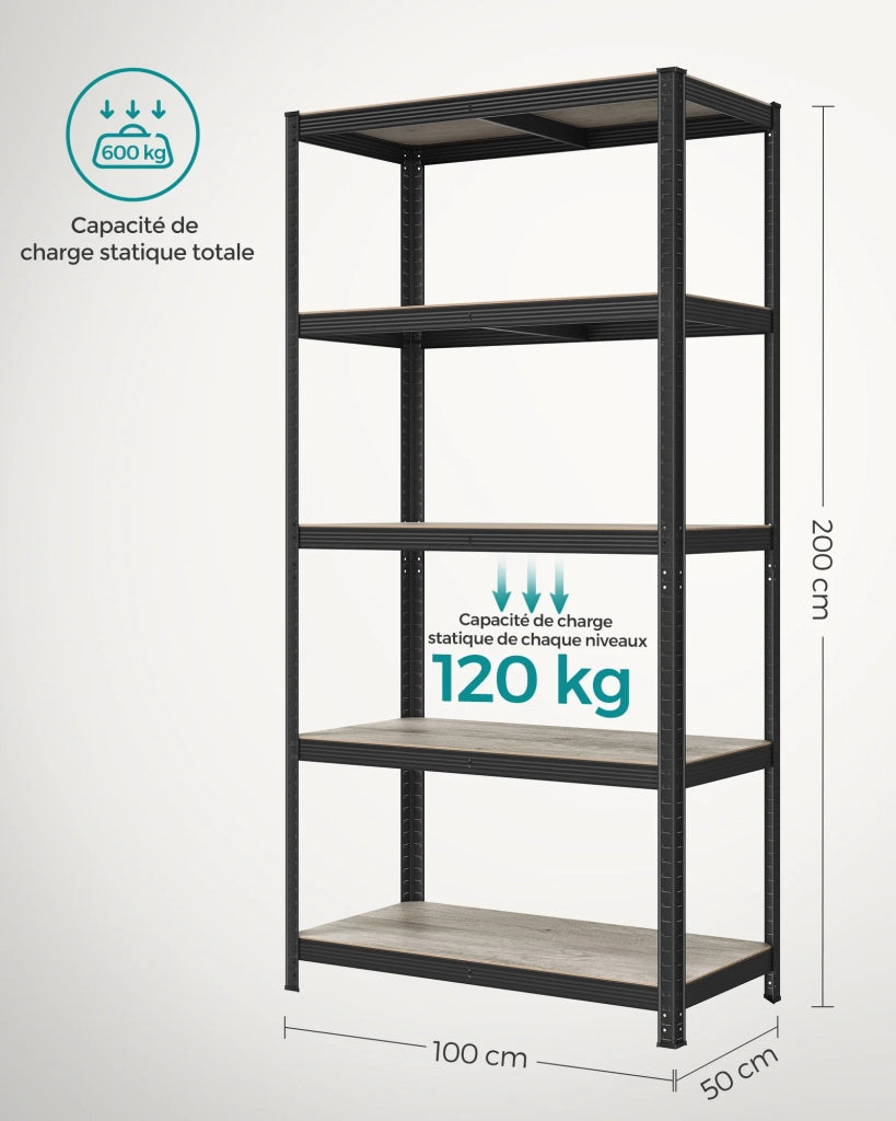 Scaffalatura metallica per carichi pesanti 200 x 100 x 50 cm 5 ripiani portata totale 875 kg (175 kg/ripiano) ripiani regolabili per garage/cantina nero 12_0005598