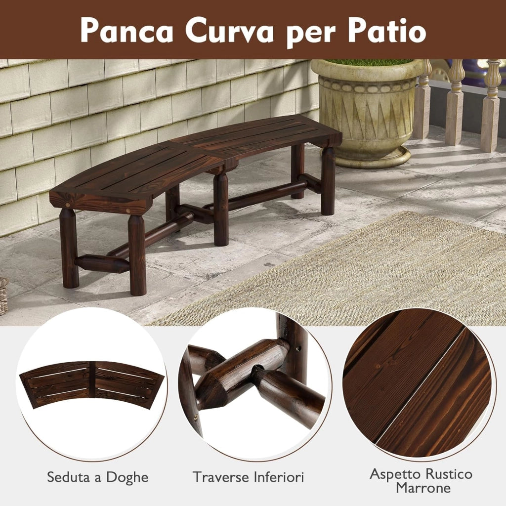 Panchina da Esterno in Legno Carbonizzato, Panca Curva con Sedile Ampio e a Doghe, Panchina da Balcone, Giardino e Cortile, Carico Massimo 325 kg