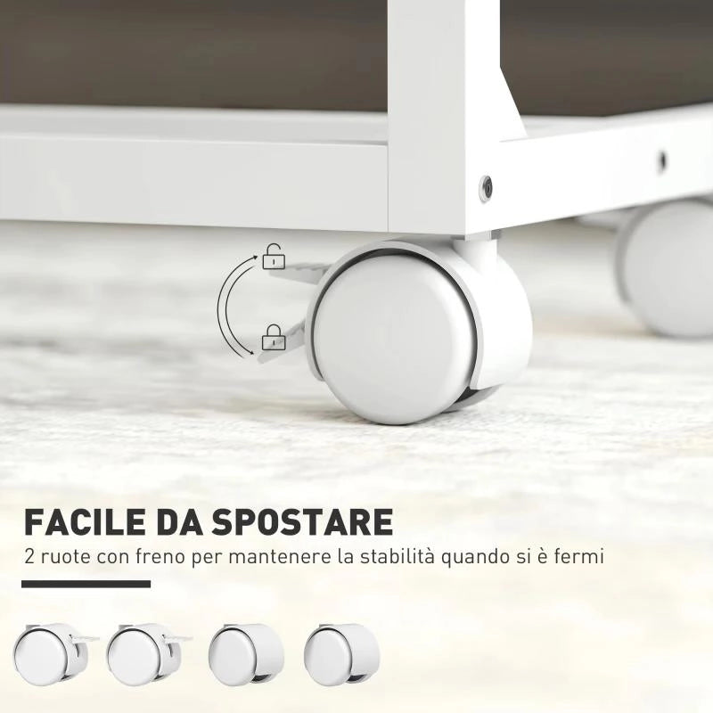 TAVOLINO DA LAVORO REGOLABILE CON PIANO INCLINABILE E 4 RUOTE, IN LEGNO E METALLO, 55X36X62.5-82.5 CM, BIANCO E ROVERE