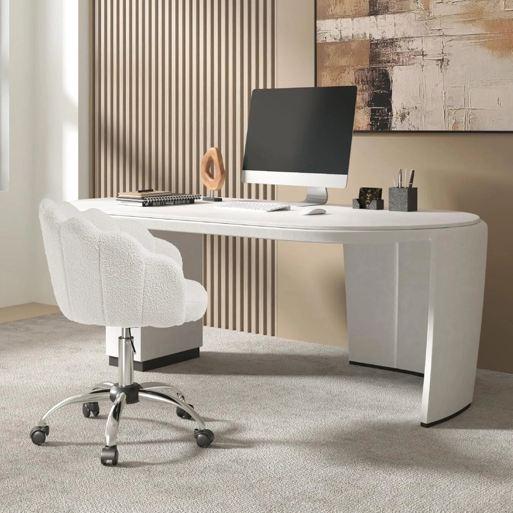 Sedia da Trucco con Schienale a Petalo, Sedia Ufficio con Braccioli e Rotelle, Poltroncina Girevole, Altura Regolabile, Cashmere, Crema