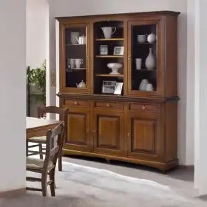 Credenza cristalliera in legno 3 ante arte povera noce scuro mod goccia