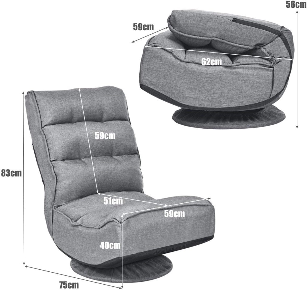 Sedia Imbottita da Pavimento, Reclinabile a 5 Livelli, Schienale Pieghevole, Base Girevole, Portata di 120 kg, Postazione da Relax/Lavoro/Gaming, 59x75x83 cm, 4 Colori Disponibili