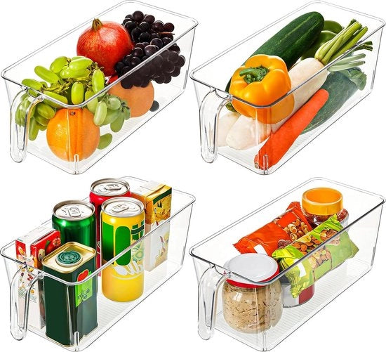 Contenitori di Raffreddamento per Cucina con Base Antiscivolo e Maniglie (4 Pack) - 312 cm Lunghezza Totale - Contenitori di Plastica Vetrata per Bagno, Armadio e Congelatore - Organizzazione e Risparmio di Spazio con Dispensatore Rotante per Contenitori