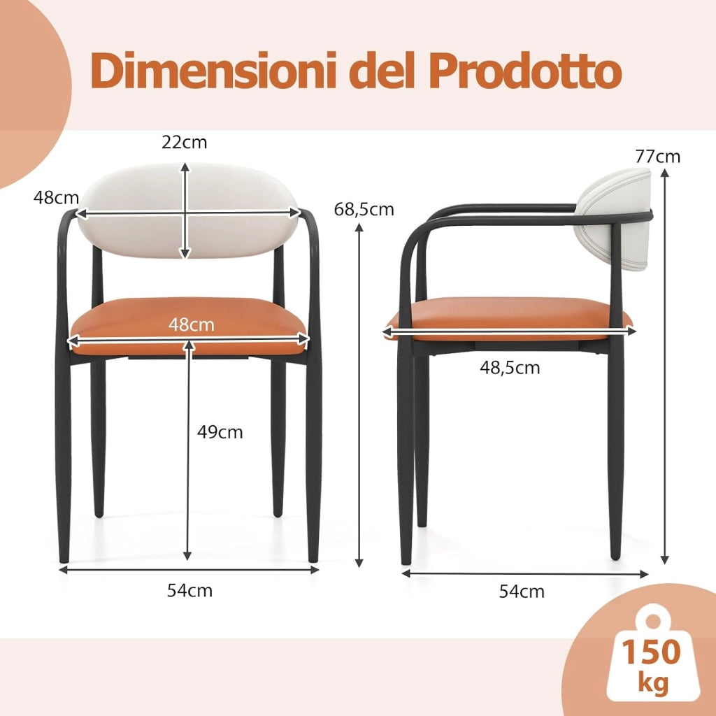 Set di 2 Sedie da Pranzo 54 x 54 x 77 cm, Sedie da Cucina con Sedile Imbottito in Finta Pelle, Schienale e Telaio in Metallo, Poltrone per Soggiorno e Ufficio