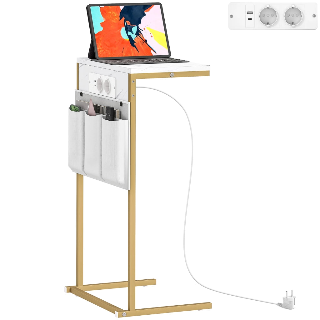 Tavolino da Caff¨¨ con USB e Cassetto ¨C Zephmum ¨C Bianco e Dorato 40x25.5x71 cm