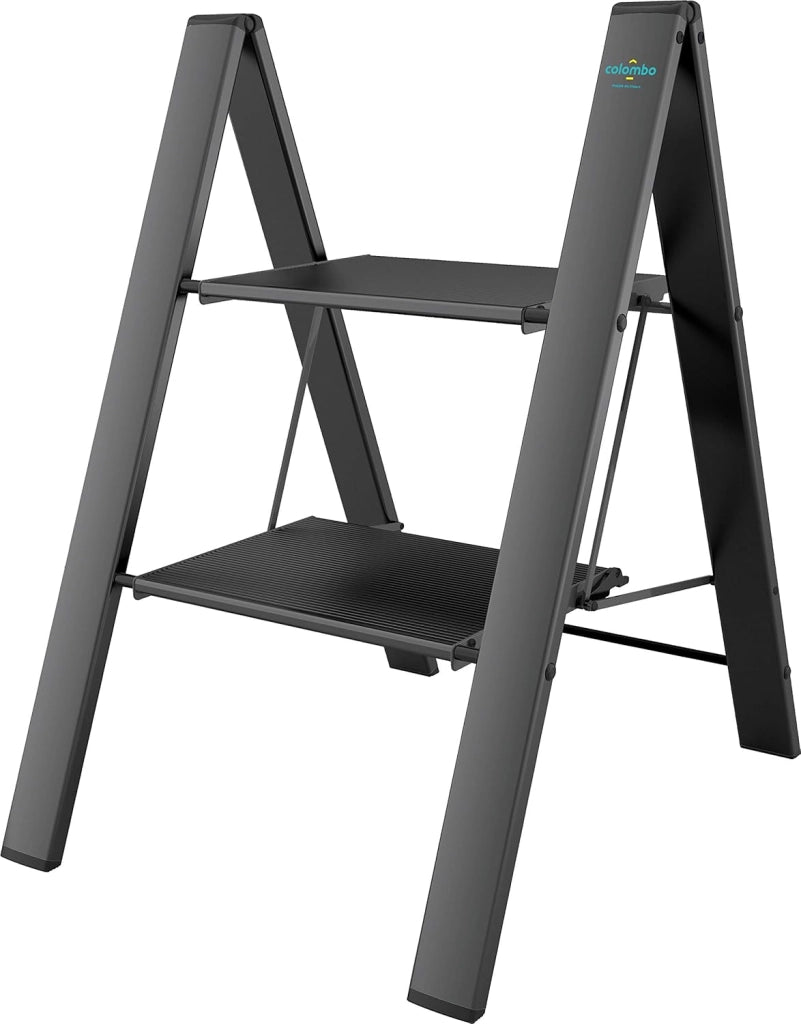 Scala Sgabello a 2 gradini salvaspazio in alluminio NERO mod. LEONARDO 2 COLOMBO