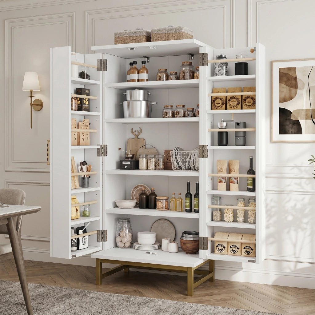 Credenza contenitore con 2 ripiani regolabili e vani nella porta, per cucina e sala da pranzo, bianca 60 × 40 × 130 cm
