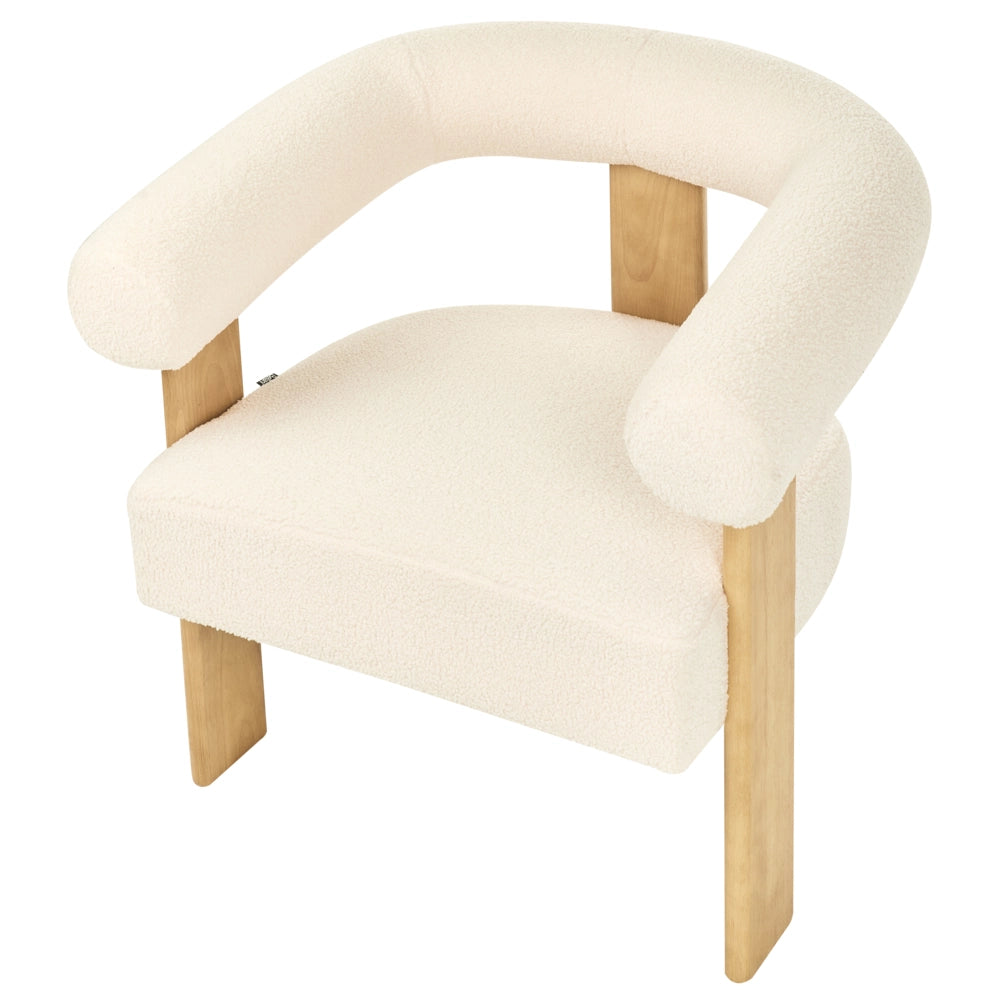 Poltrona bianco sporco e marrone chiaro con rivestimento in bouclé design retrò gambe in legno per soggiorno