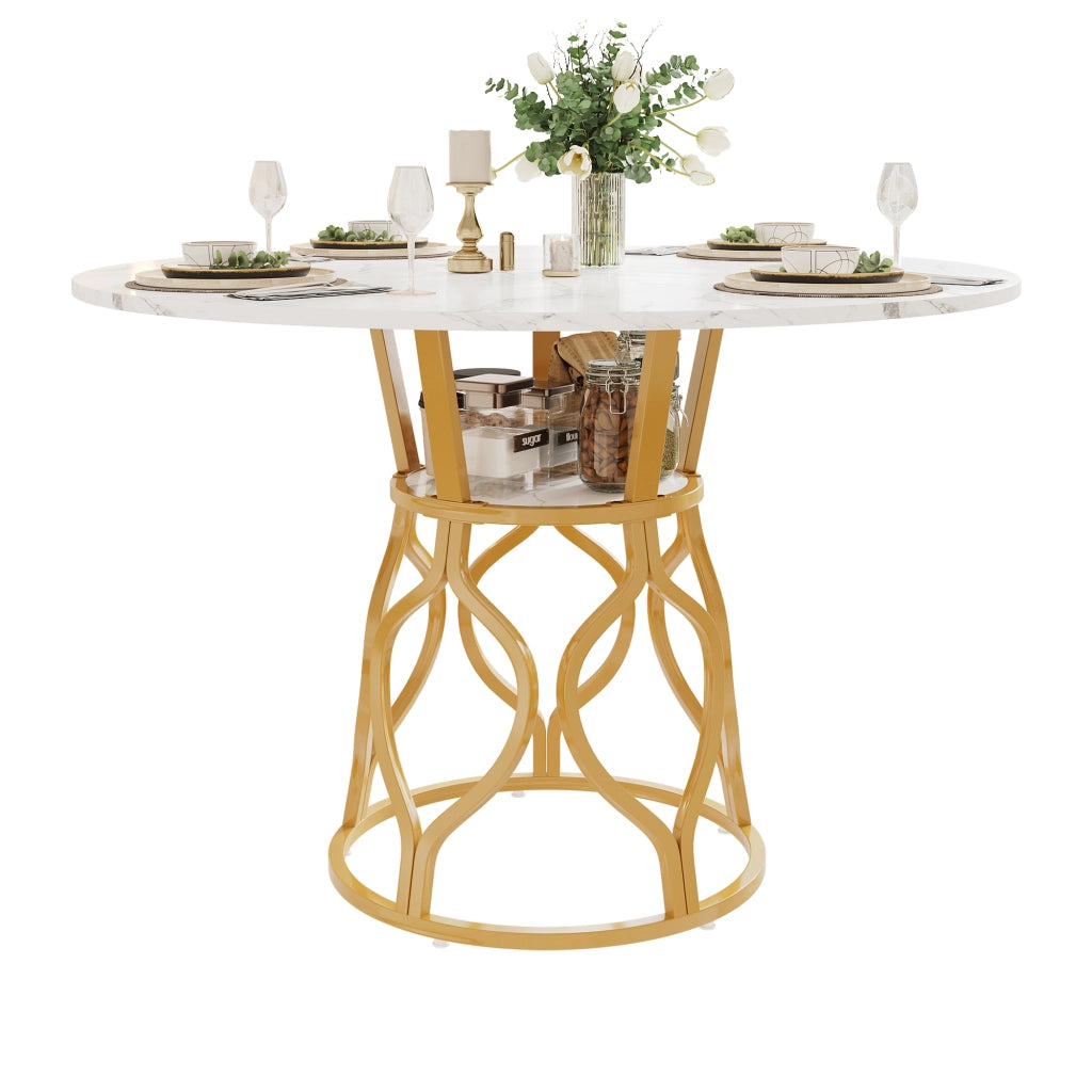 TAVOLO da Pranzo Rotondo 100x100x75 cm Bianco e Oro con Ripiano