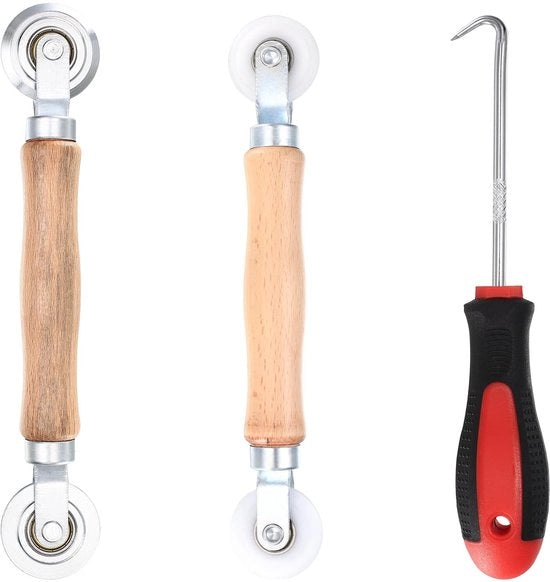 Rolla per afdichten a doppia testa - Disegno ergonomico - Manico in legno - Fusto in nylon - Adattabile - Rolla a setole