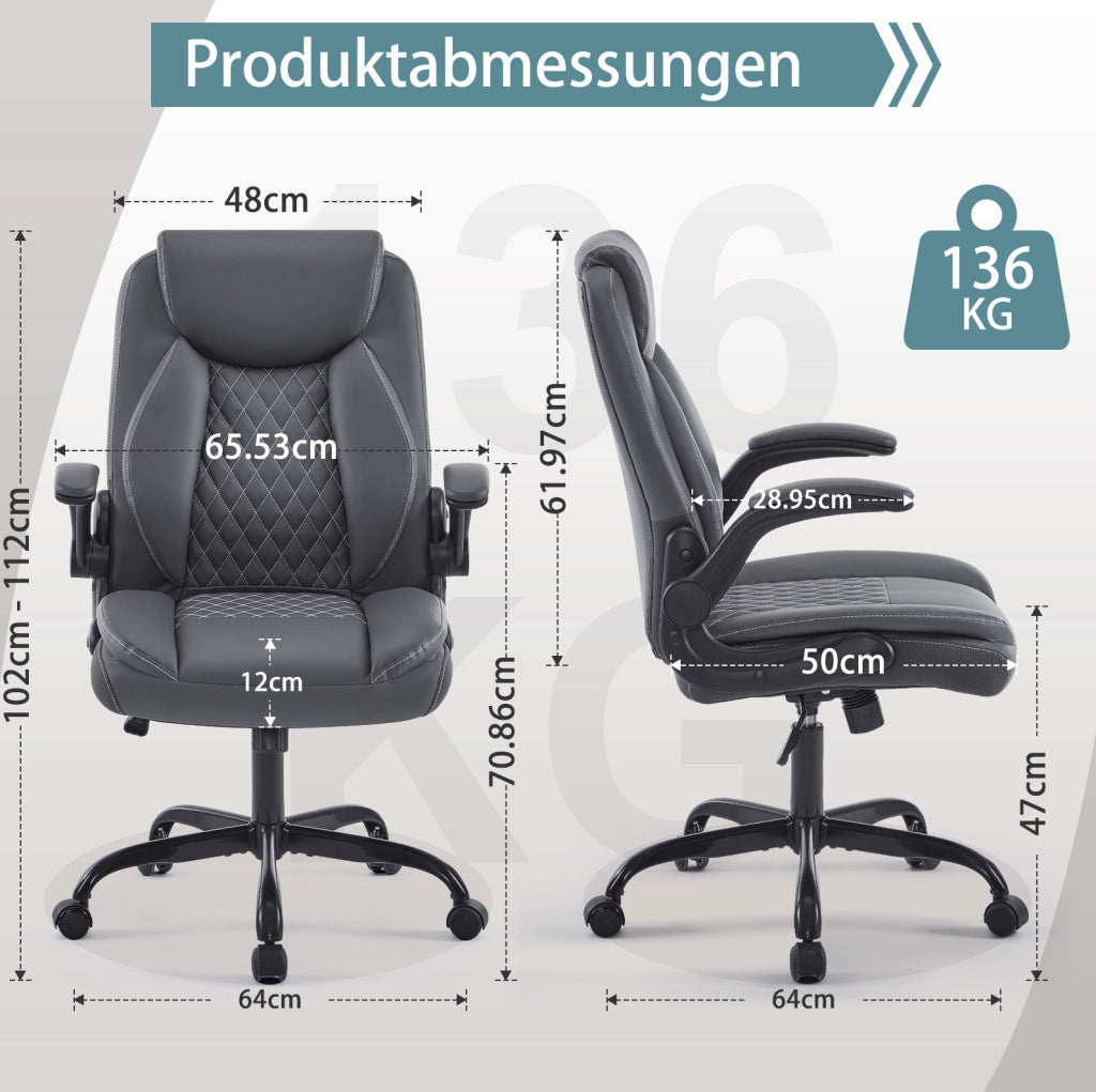 Poltrona ufficio ergonomica girevole grigia in pelle con braccioli ribaltabili e supporto lombare