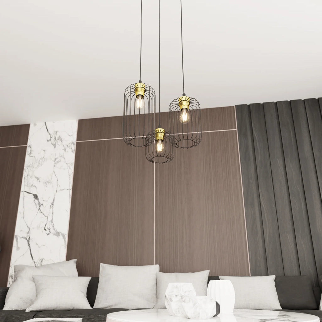 Sospensione Minimal Industrial Minerva 3 Luci Tonda Nera E Oro