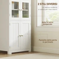 Mobile Dispensa con 2 Ripiani Aperti e 2 Armadietti con Ante, in MDF e Vetro, 60x30x162 cm, Bianco