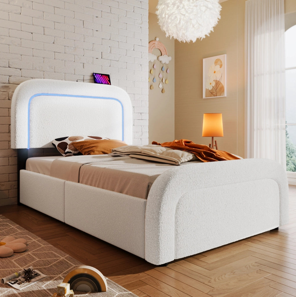 Letto singolo imbottito ULEVR 90x200 cm con 2 cassetti, LED, USB e Type-C, testiera regolabile, bianco