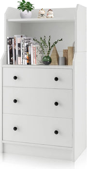 Cassettiera Moderna con 2 Ripiani Aperti e 3 Cassetti Estraibili, Comodino Alto con Dispositivo Anti-ribaltamento per Camera da Letto Soggiorno Ingresso, 58 x 36 x 111 cm, Bianco/Nero/Noce