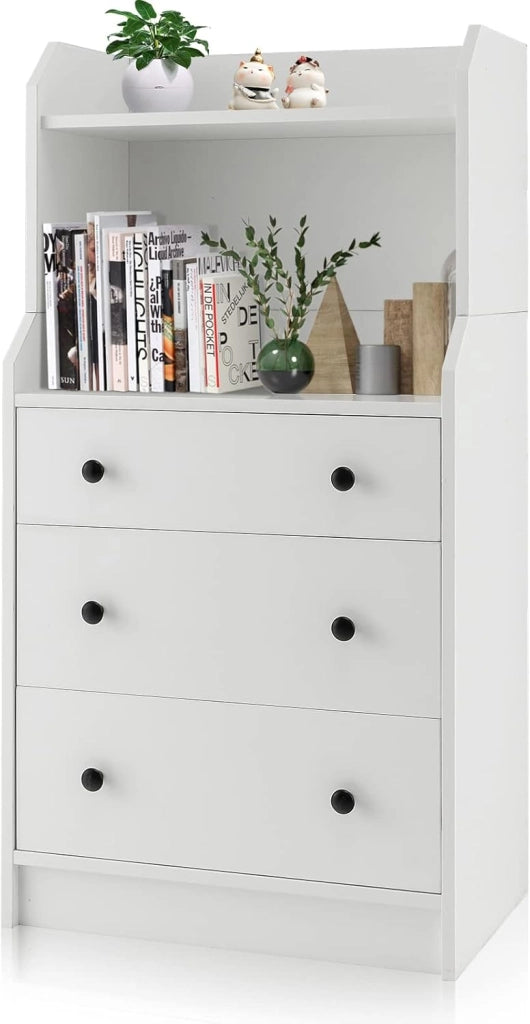 Cassettiera Moderna con 2 Ripiani Aperti e 3 Cassetti Estraibili, Comodino Alto con Dispositivo Anti-ribaltamento per Camera da Letto Soggiorno Ingresso, 58 x 36 x 111 cm, Bianco/Nero/Noce