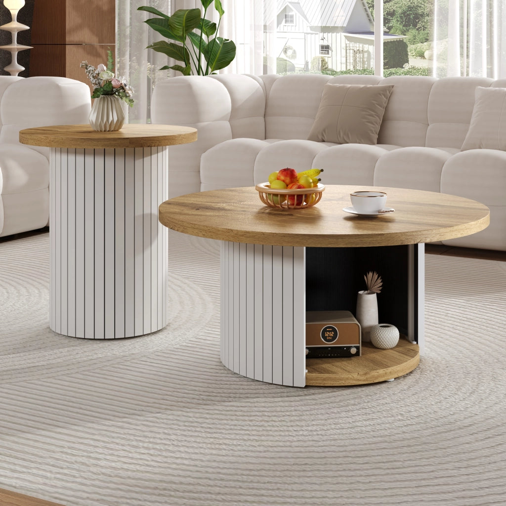 Tavolini da caffè rotondi ad incastro con ripiano; Stile Scandinavo; in MDF; Naturale; 75×75×50 cm + 45×45×35 cm