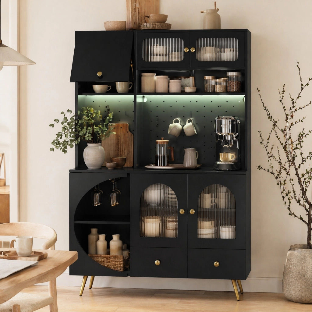 Mobile alto da cucina nero con LED, prese USB e portabottiglie