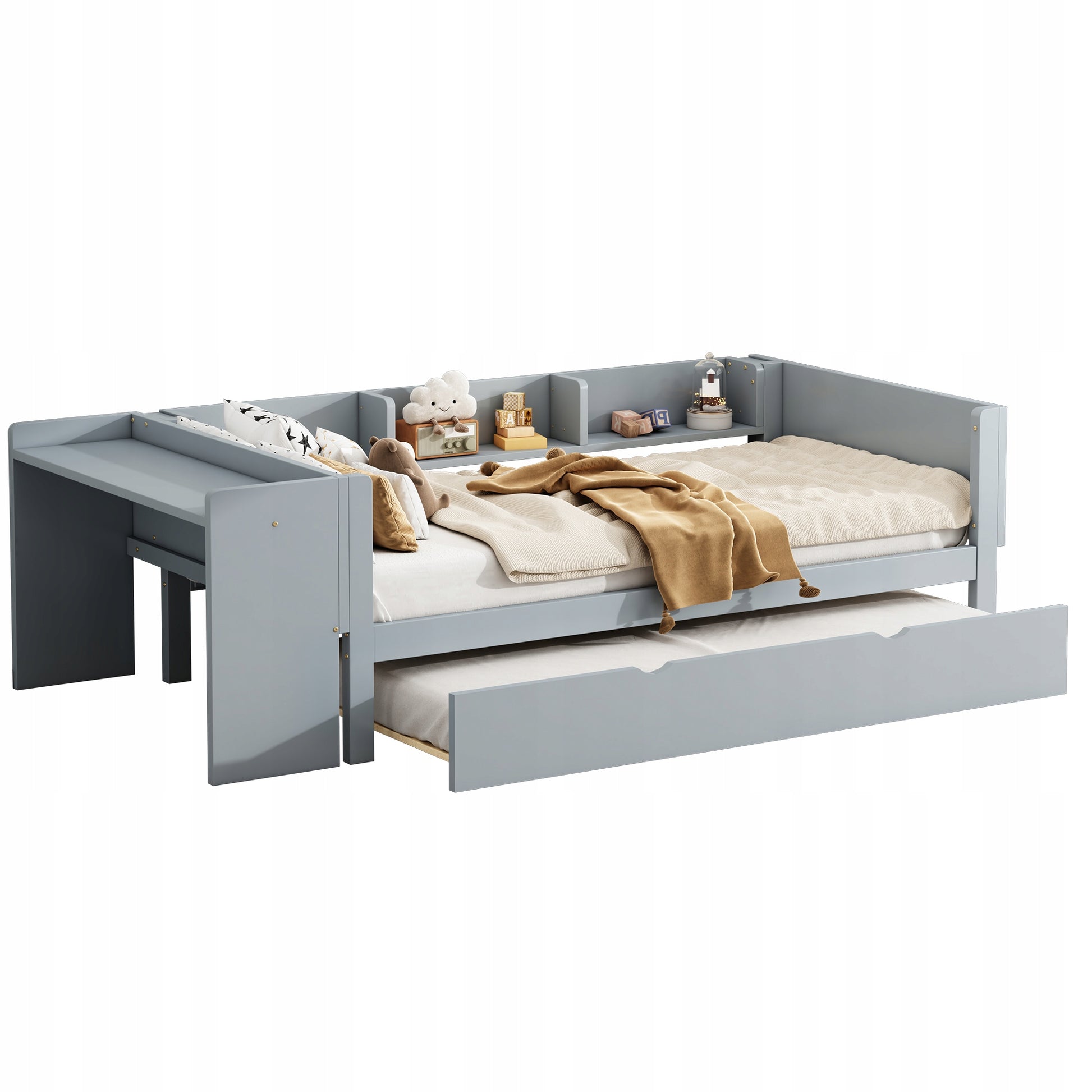 Letto singolo con scrivania e scaffali - Xylo - 90x200 cm - Grigio