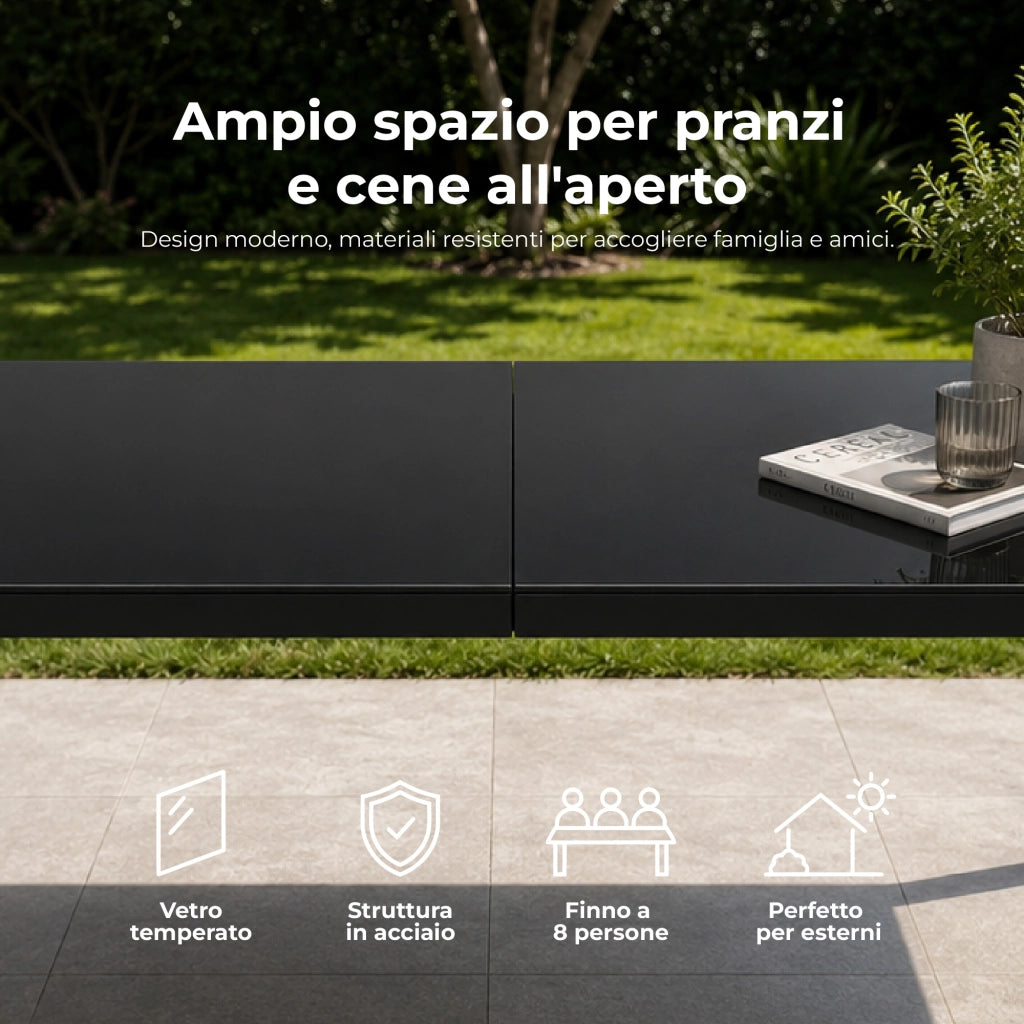 Tavolo da Pranzo per Interno ed Esterno 180x90 cm, Piano in Vetro Temperato Nero 5 mm e Struttura in Acciaio, Tavolo Moderno per 8 Persone, Ideale per Giardino, Terrazza, Cucina e Sala da Pranzo