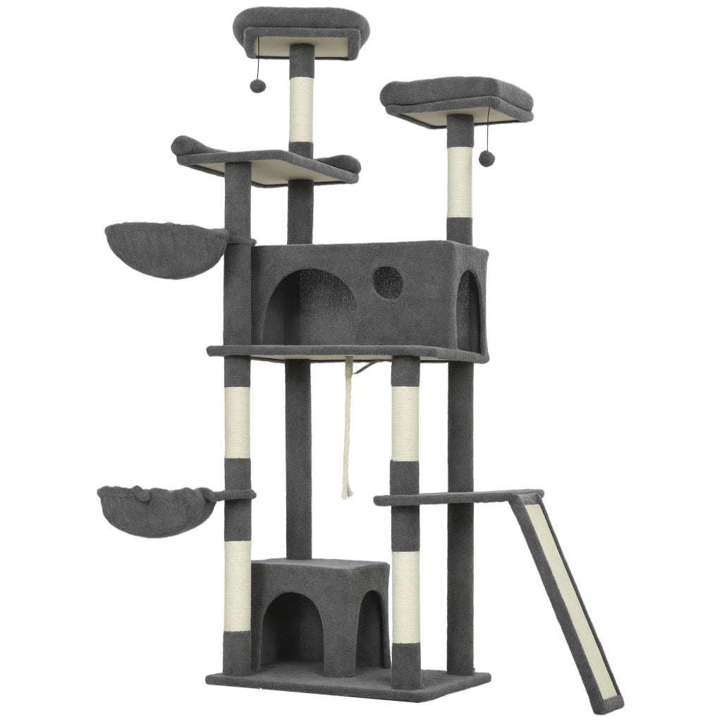 Arbre a Chat con Grigliatoio 3 Letti 2 Nicchie e 3 Giocattoli ¨C zephmum ¨C Grigio 174 cm