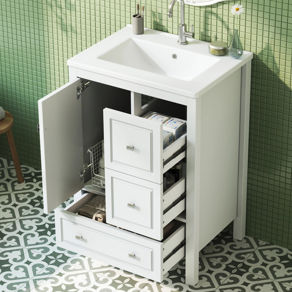 Mobile sottolavabo da bagno con lavabo in ceramica 1 anta e 3 cassetti per bagno in MDF e ceramica bianco 62 × 47 × 90 cm
