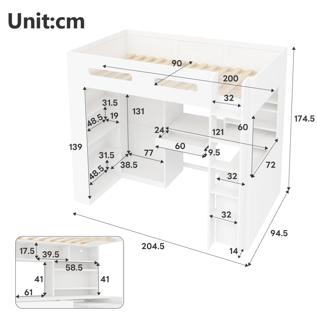 Letto a Soppalco 90x200 cm; Letto Singolo - Scrivania; Cassetto; LED - Bianco