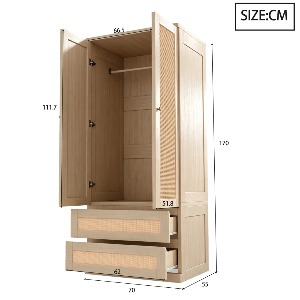 Armadio guardaroba a 2 ante effetto rattan con 2 cassetti