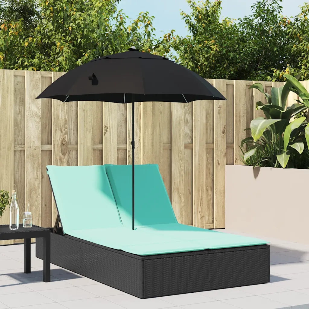 Lettino Prendisole Doppio Cuscini e Parasole Nero in Polyrattan 368089