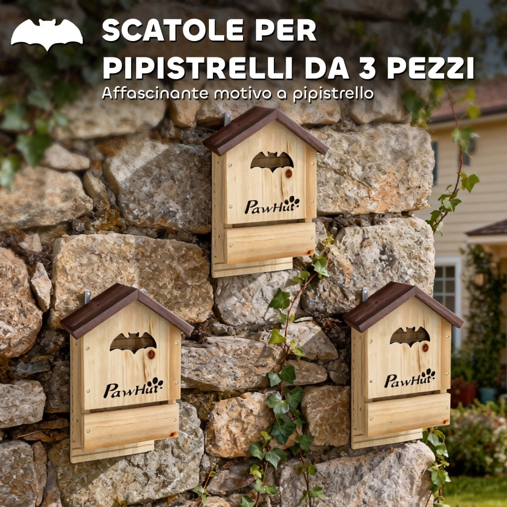 Set di 3 Casette per Pipistrelli 21,5x11,5x34 cm in Legno di Abete Naturale