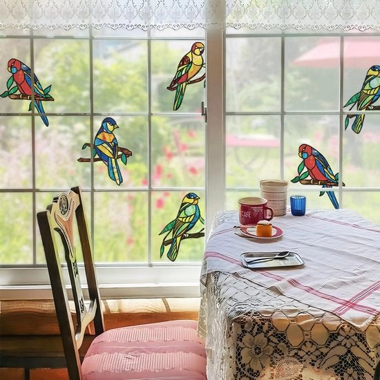 Decorativi 8 pezzi grandi adesivi per finestra con protezione per uccelli a forma di uccello, adesivi statici originali a mano disegnati, decorativi e anticolpenti per uccelli, 38x30cmx8 pezzi