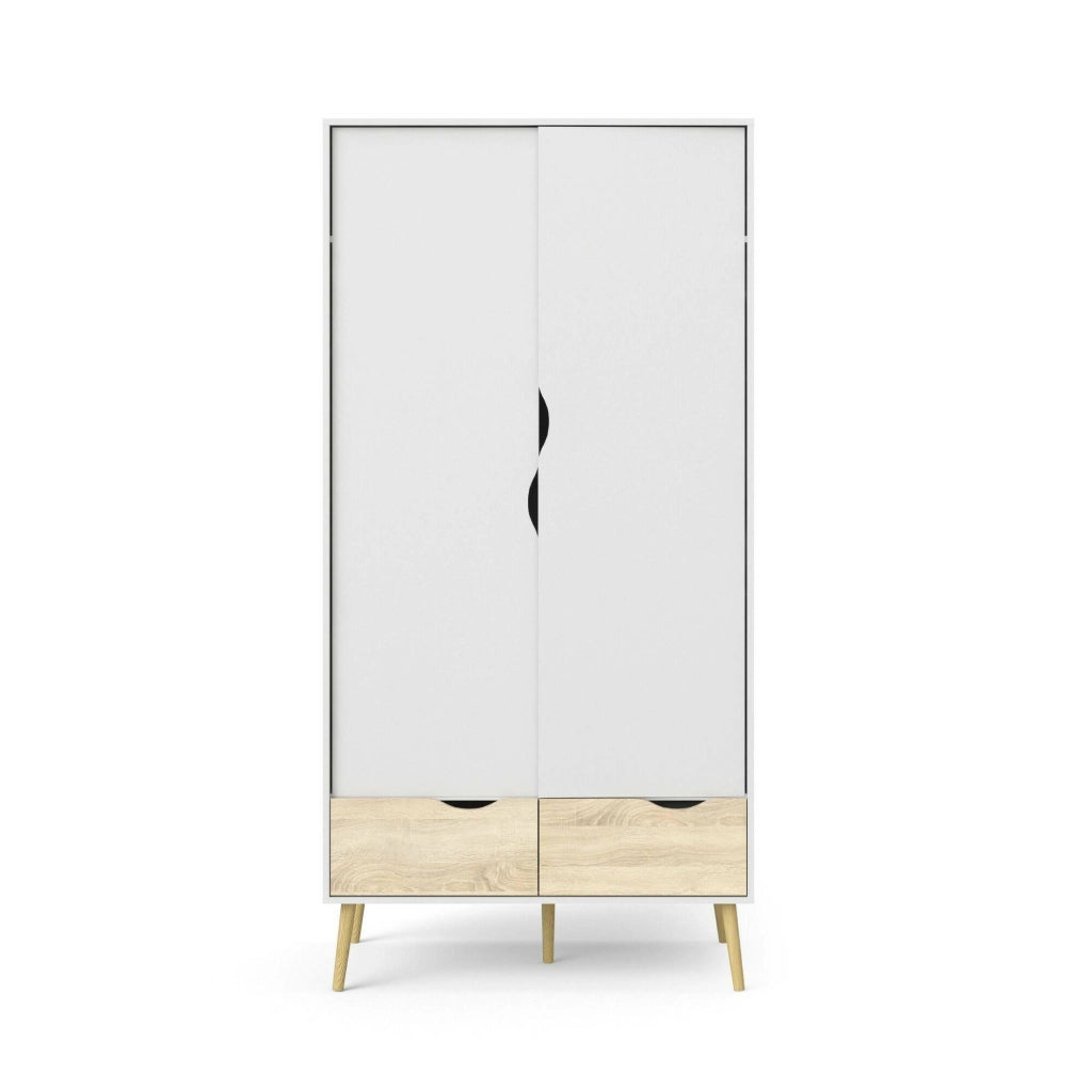 Guardaroba a due ante e due Archilllo, colore bianco e rovere, cm 98 x 200 x 58