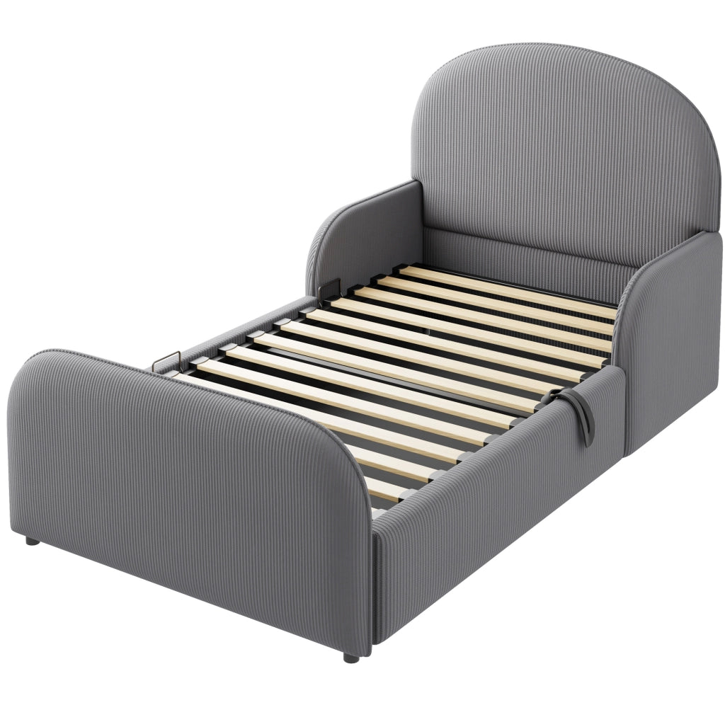 Letto imbottito per bambini 90x200 cm con contenitore idraulico e sponde laterali grigio