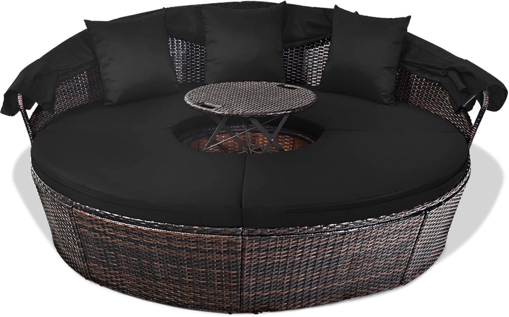 Letto Isola da Giardino, Divano Prendisole con Tettuccio Retrattile, con Sedili Cuscini Impermeabili Sfoderabili, Tavolino Regolabile in Altezza (Nero)