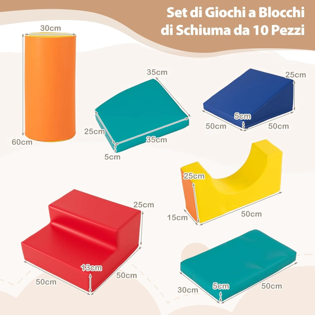 Set 10 Giocattoli da Arrampicata per Bambini, Blocchi da Costruzione in Schiuma Morbidi, Set Attività per Gattonare e Scivolare per Neonati 1-3 Anni