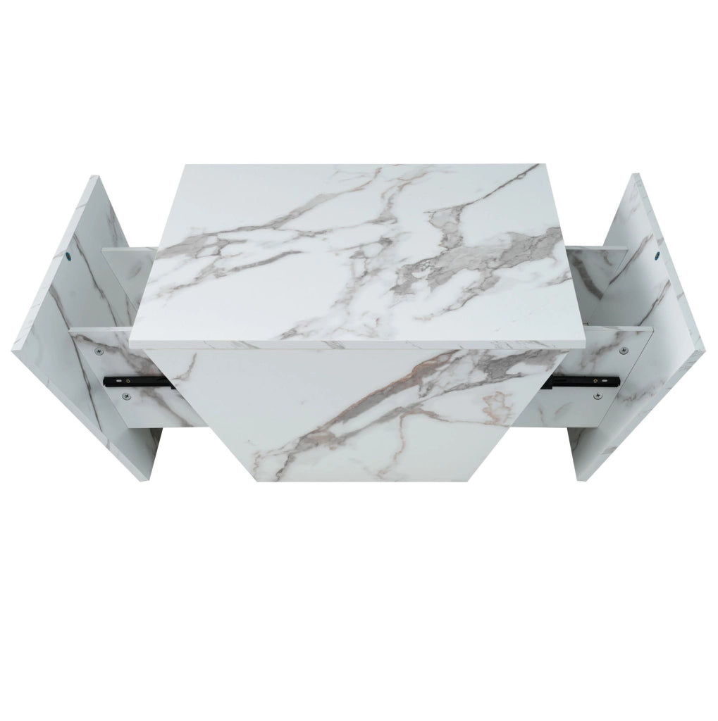 Tavolino da salotto moderno trapezoidale 70x70x37 cm in MDF con finitura effetto marmo bianco