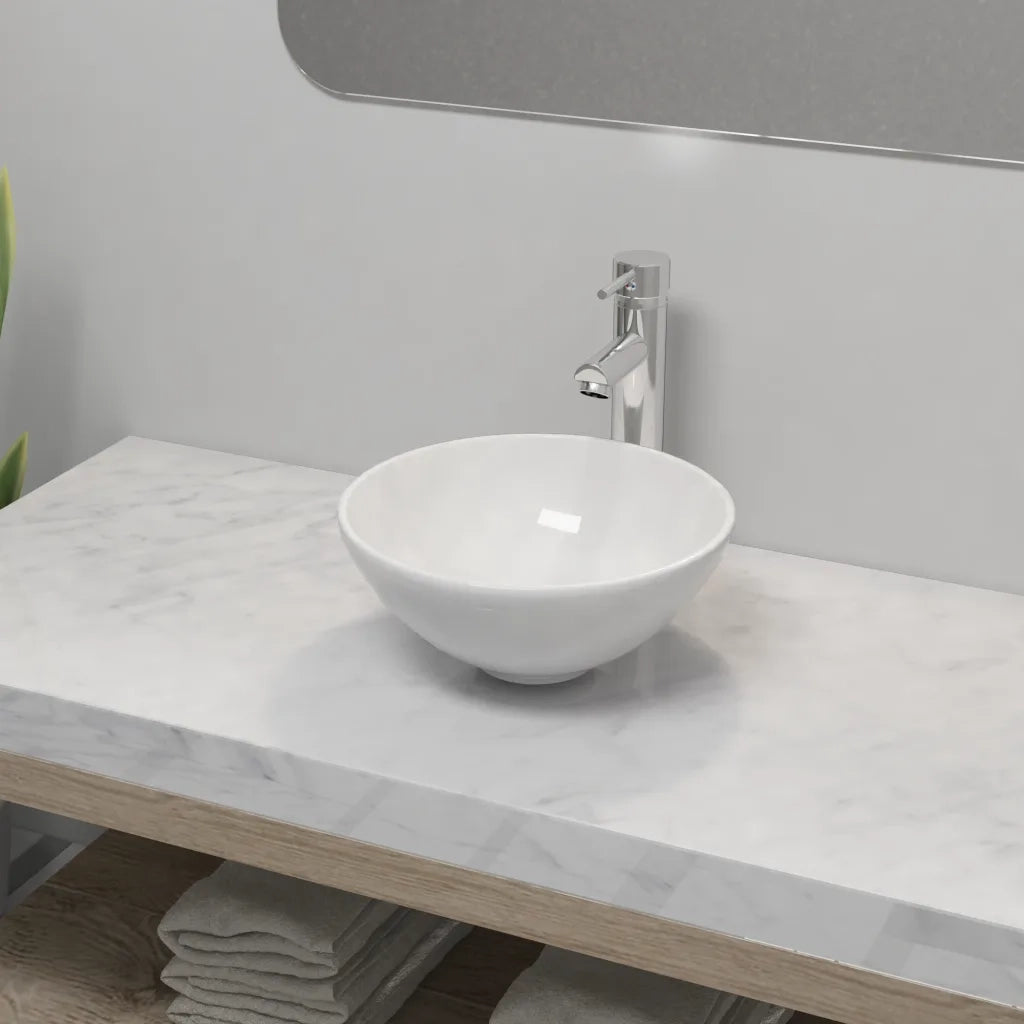 Lavello Bagno con Miscelatore in Ceramica Rotondo Bianco CFW6873772