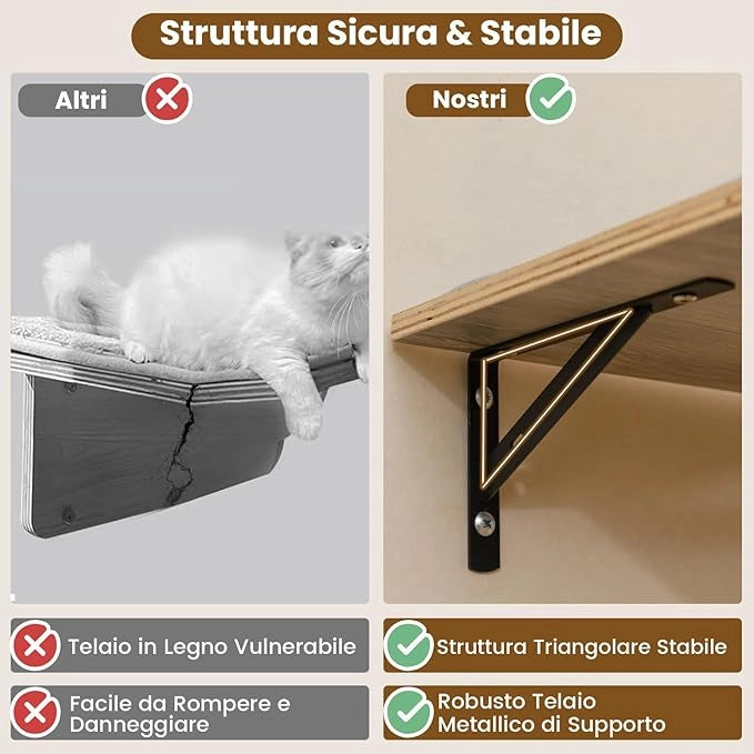 Mensole da Parete per Gatti da Arrampicata, Set Mobili a Muro con 4 Livelli, Amaca, Pannello Graffiato e Tappetini, 2 Piattaforme di Lancio, Albero Tiragraffi Salvaspazio (Modello 4)
