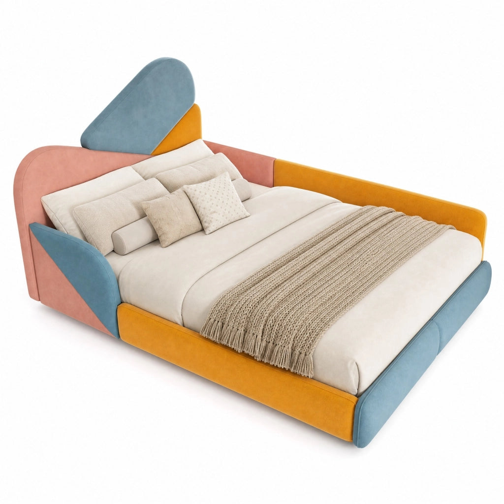Letto imbottito per bambini 140x200 cm con protezioni laterali rialzate, design patchwork colorato in velluto francese