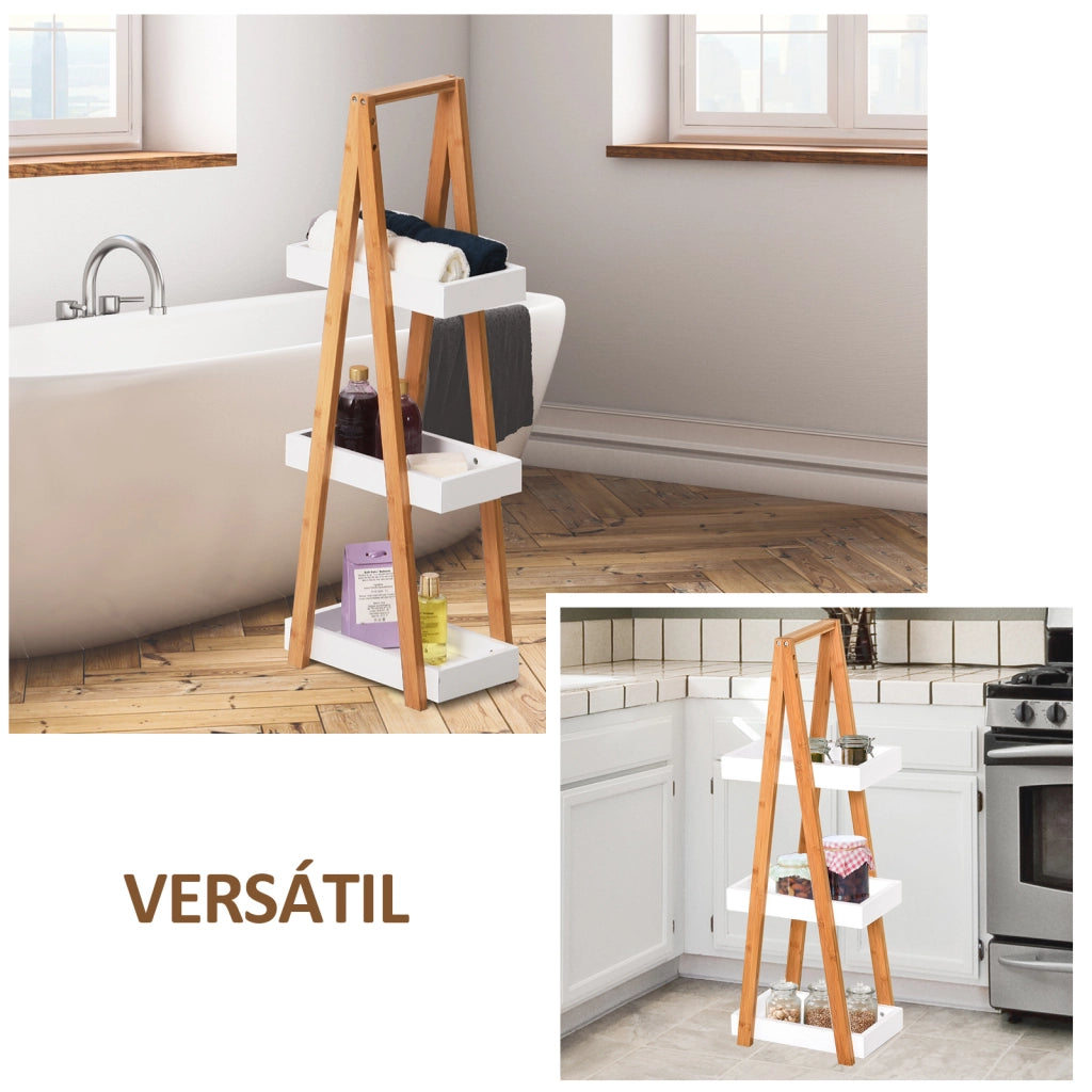 Mobile da Bagno in Bamb¨´ con 3 Ripiani Regolabili ¨C Zephmum ¨C 30x18x81 cm Bianco e Naturale
