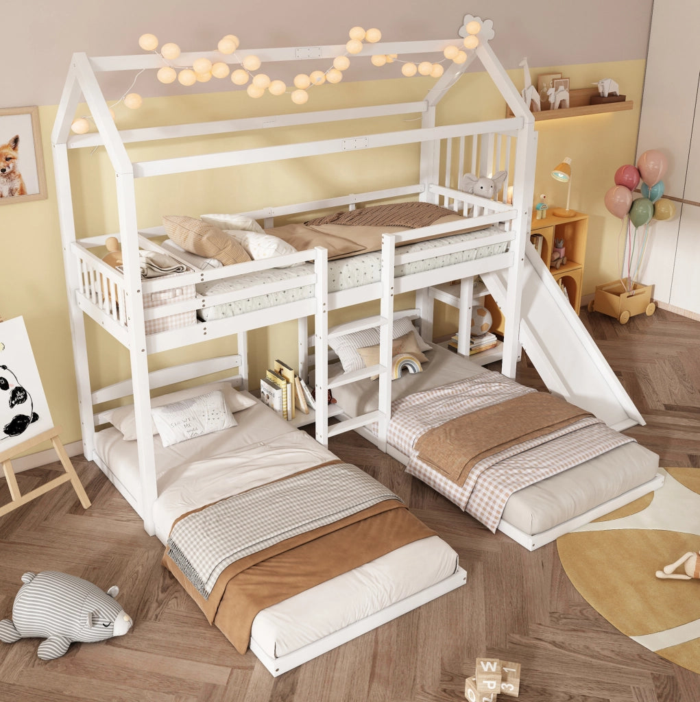 Letto a soppalco per bambini con scivolo e tetto