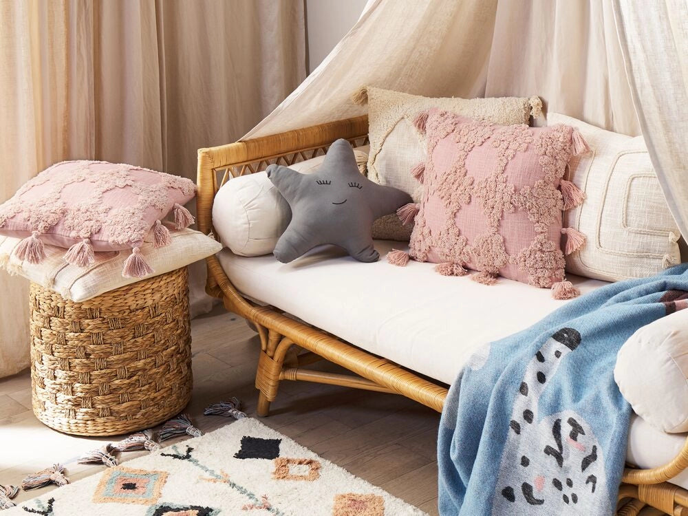 Cuscino decorativo cotone rosa 45 x 45 cm motivo geometrico nappe rivestimento sfoderabile con imbottitura boho