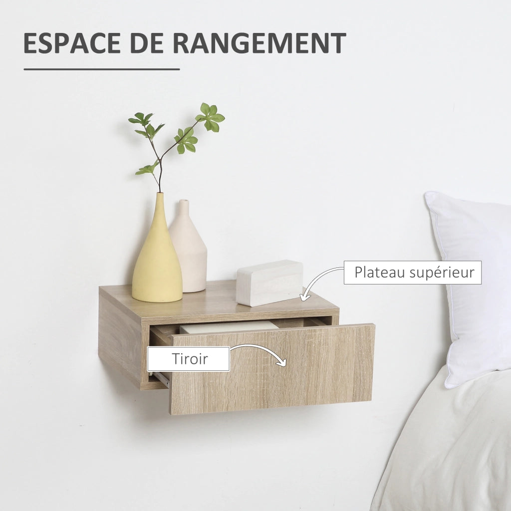 Comodino a muro ¨C zephmum ¨C 2 pezzi, cassetto, effetto rovere chiaro
