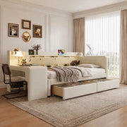 DESMIU Letto banquette 90 × 200 cm 1 posto con 2 cassetti, scrivania, USB e Type-C, senza materasso, beige