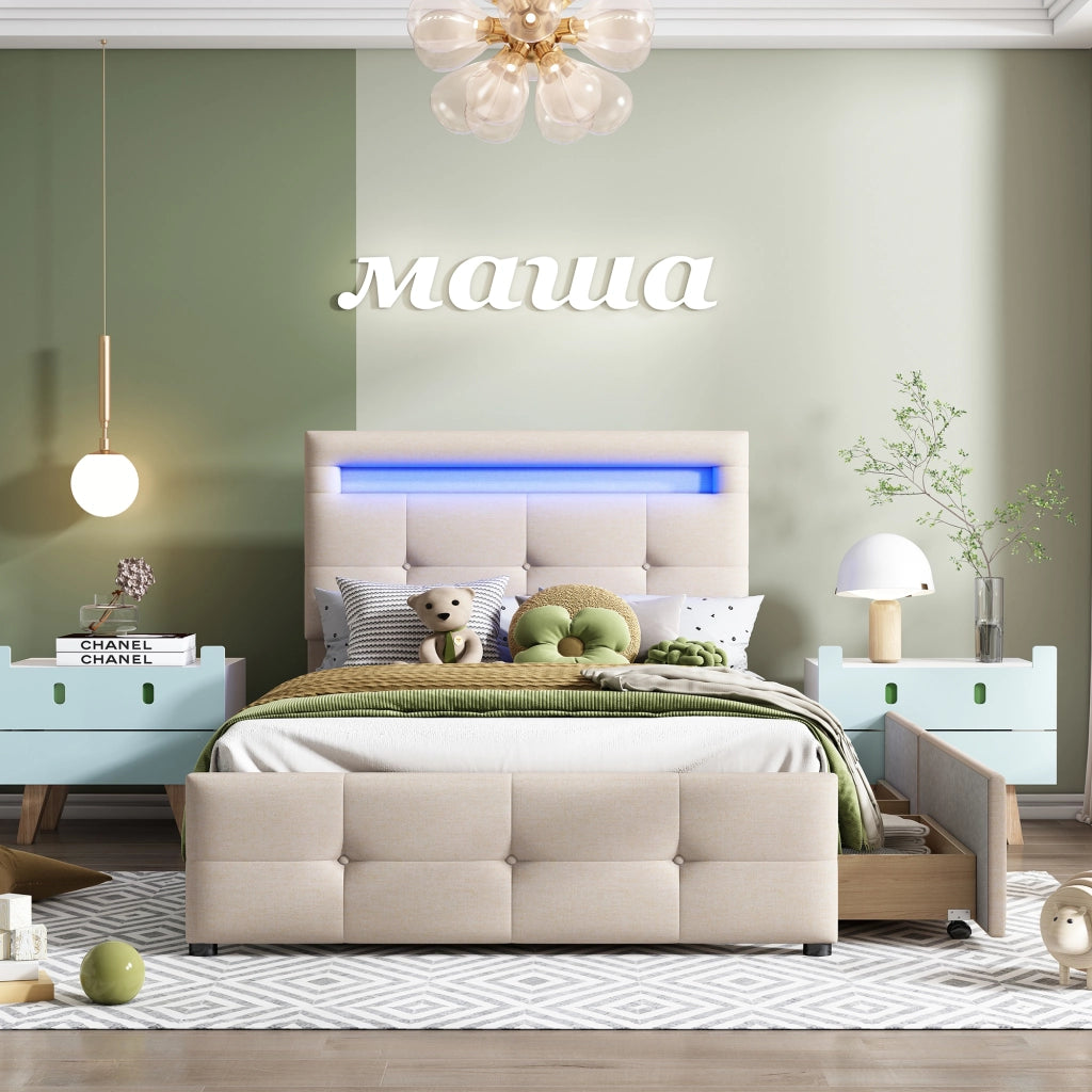 Letto singolo 90×200 cm con 2 cassetti; LED e rete; senza materasso; imbottito; beige